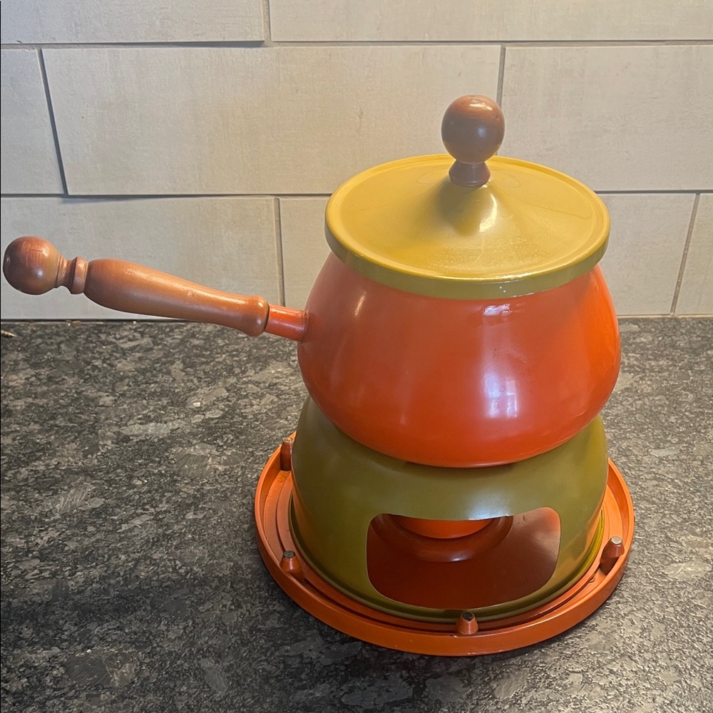 Vintage Mid Century Orange and Green Fondue Set.  Wood handle Retro